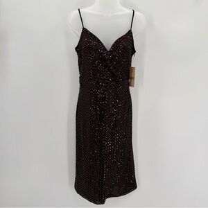 Nanette Lepore Dress Womens 4 Black Copper Sequin Wrap Midi Cocktail Party Glam